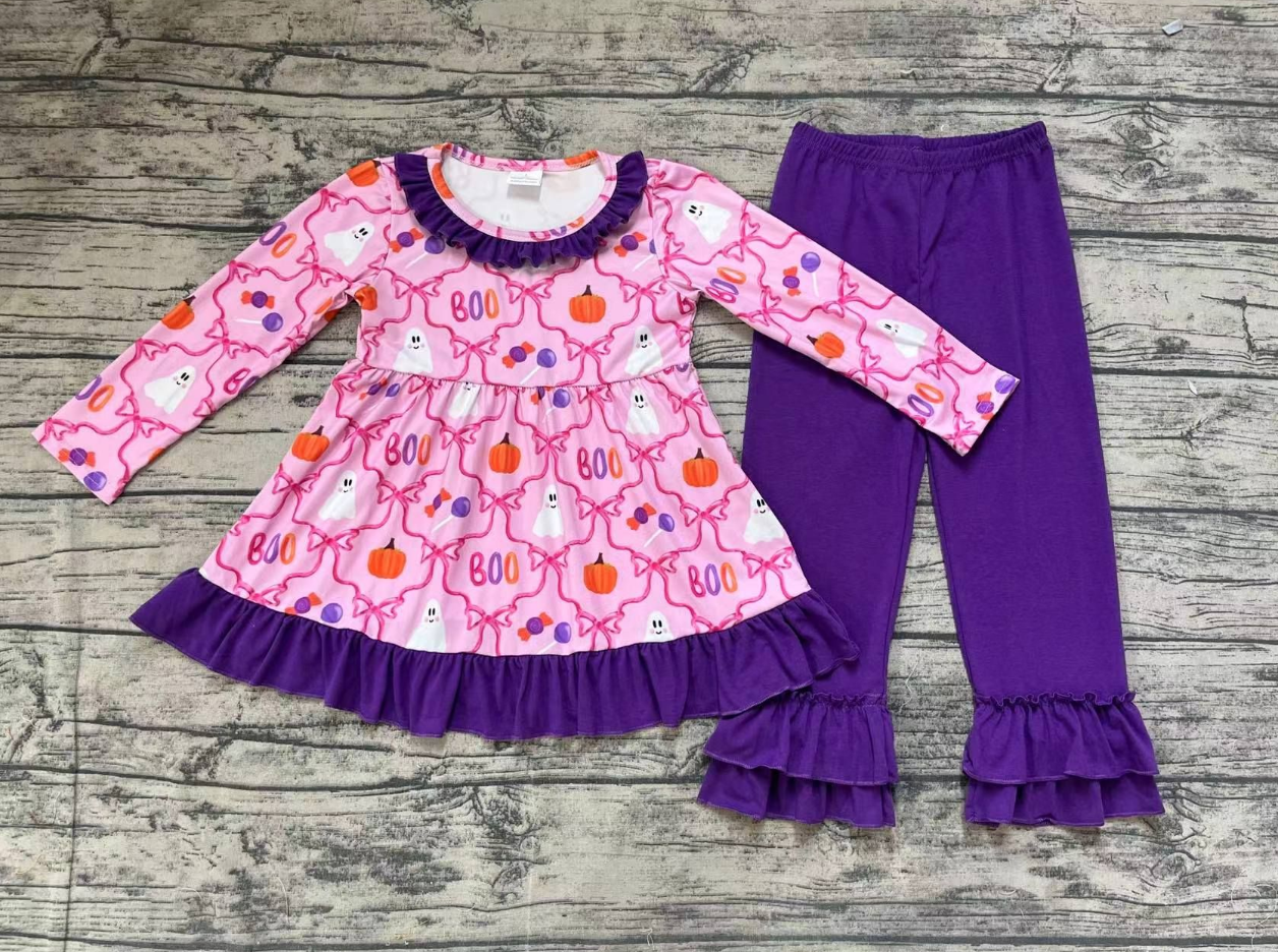 Baby Girl Halloween Ghost Bows Tunic Purple Pants Set