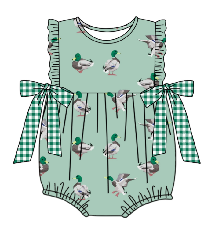 Baby Boy Girl Duck Green Plaid Bows Sibling Matching Dress Romper Clothes Set ( Moq 5 Each style )