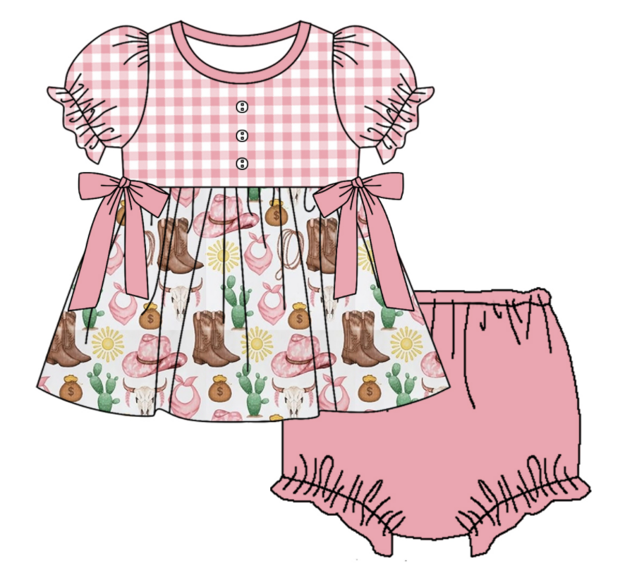 Baby Girl Short Sleeves Western Boots Cactus Sibling Romper Dress Clothes Set ( Moq 5 Each Design )11.26