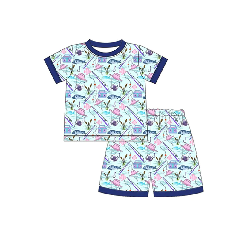 Moq 3 Pre-order BSSO0770 Baby Boy Short Sleeves Fishing Shirt Shorts Summer Set Pajamas