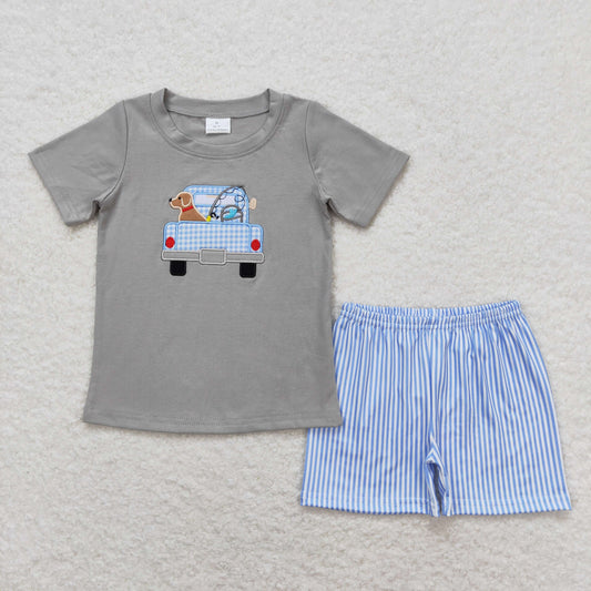 Baby Boy Short Sleeves Embroidery Dog Fishing Shirt Blue Stripes Shorts Set