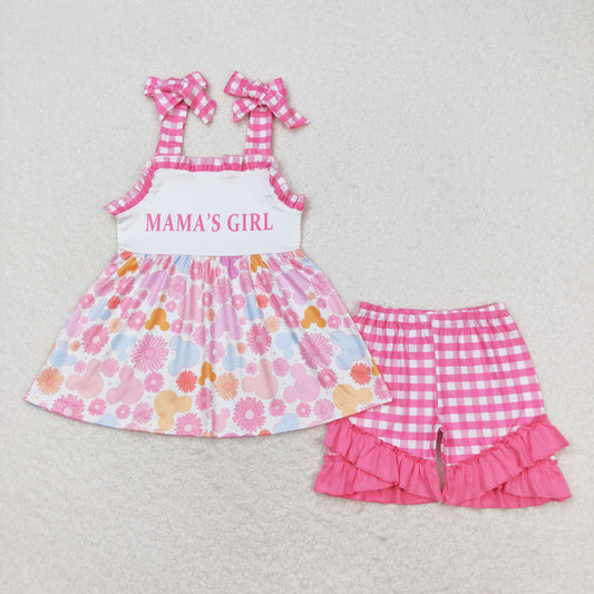 Mama's Girl Cartoon Floral Tops Pink Plaid Ruffle Shorts Summer Set