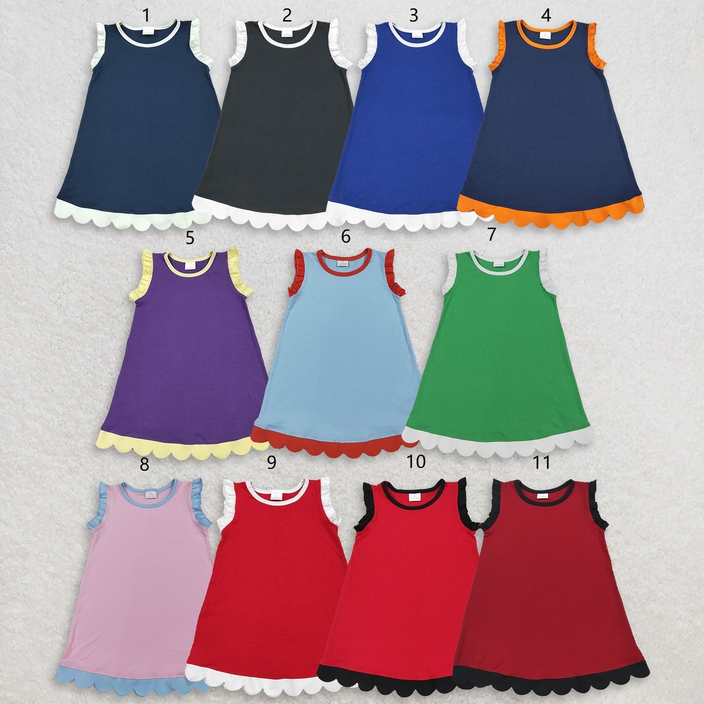 Sibling Baby Girls Kids Sleeveless Scallop Knee Length Dresses Cotton Clothes RTS
