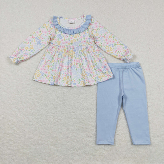 GLP0918 Baby Girl Floral Long Sleeves Flower Tunic Blue Cotton Pants Outfit