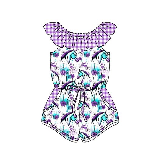 Moq 3 Pre-order SR1355 Baby Girl Horse Floral Purple Plaid Pocket Shorts Summer Jumpsuit