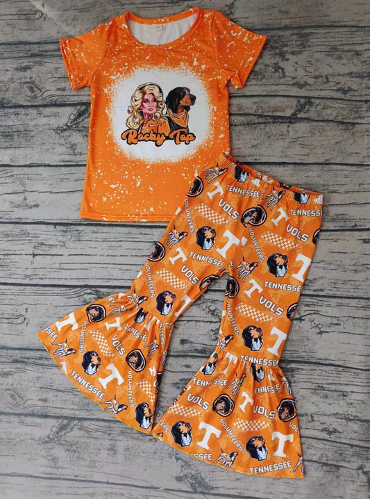 Baby Girl Short Sleeves Dogs Orange Bell Pants Team Outfit Moq 5