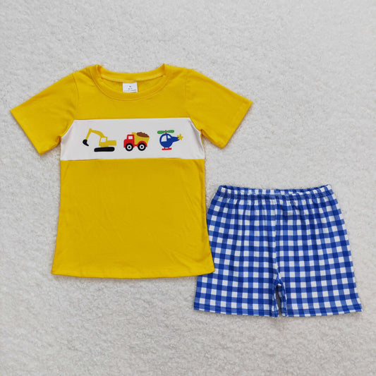 Baby Boy Summer Short Sleeves Plane Yellow Shirt Blue Plaid Shorts Set