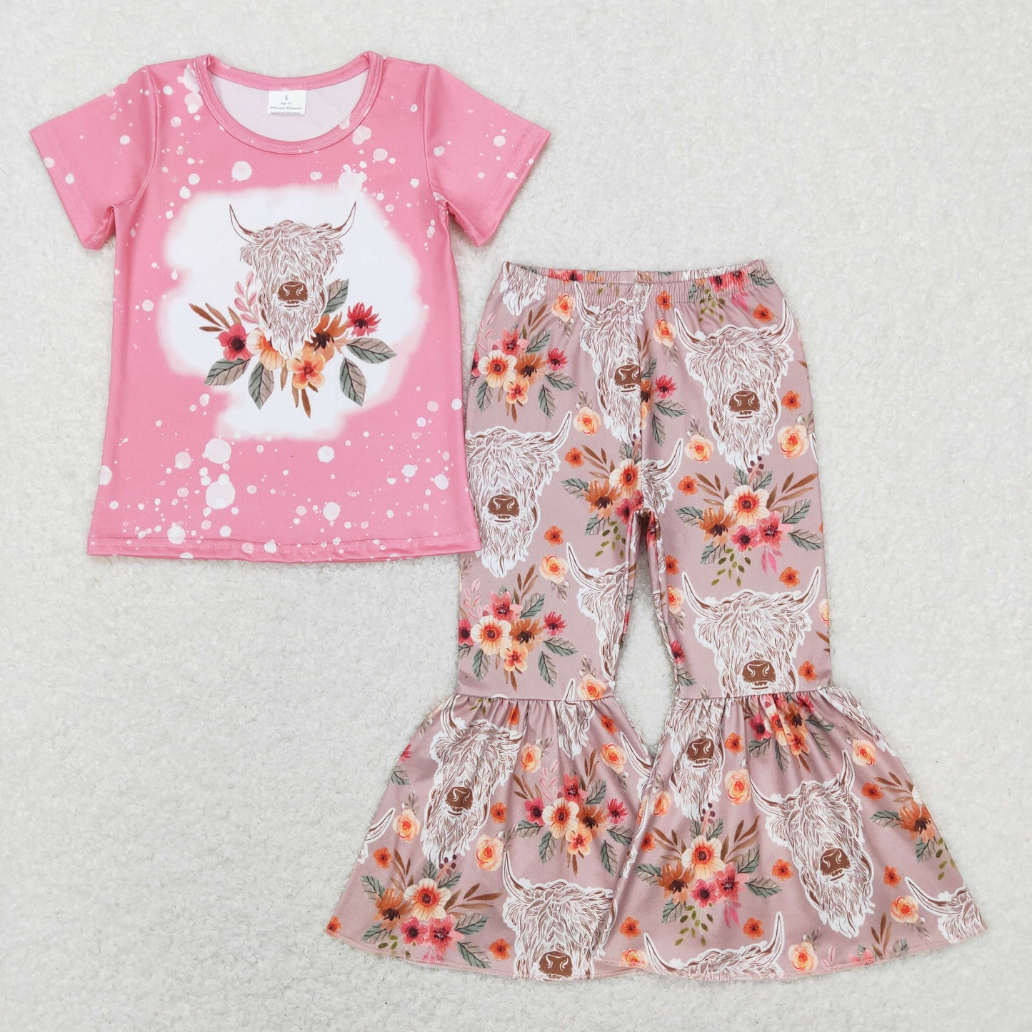 GSPO1079 Western Baby Girl Pink Shirts Cow Floral Bell Pants Set