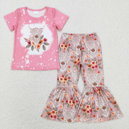 GSPO1079 Western Baby Girl Pink Shirts Cow Floral Bell Pants Set