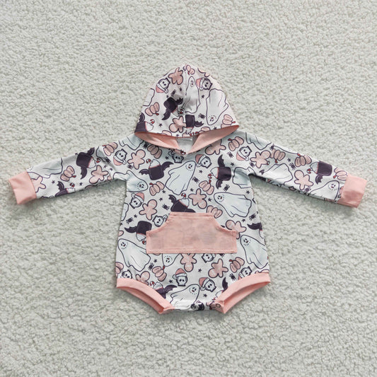 LR0275 Halloween Baby Kids Long Sleeves Hoodie Ghost Pumpkin Pocket Pink Romper