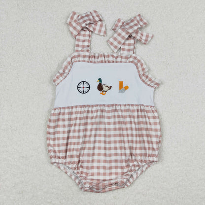 Baby Girl Sleeveless Embroidery Duck Plaid Bubble One Piece Summer Romper