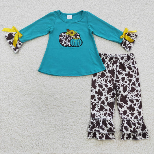 GSPO0704 Baby Girl Pumpkin Sunflower Cow Print Ruffle Pants Outfit