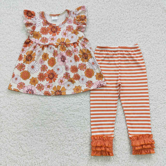 GSPO0674 Baby Girl Floral Tunic Striped Ruffle Pants Flower Outfit