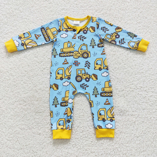 LR0492 Baby Boy Long Sleeves Construction One Piece Zipper Romper