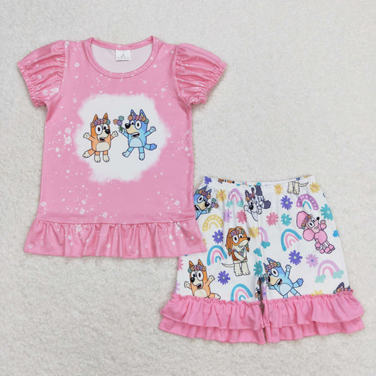 Baby Girl Short Sleeves Pink Shirt Dogs Floral Rainbow Shorts Summer Set