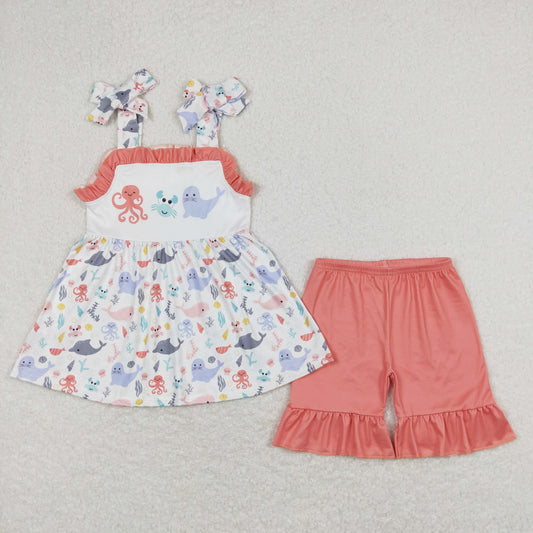 Baby Girl Sleeveless Octopus Crab Sea Lion Tunic Cotton Shorts Summer Set