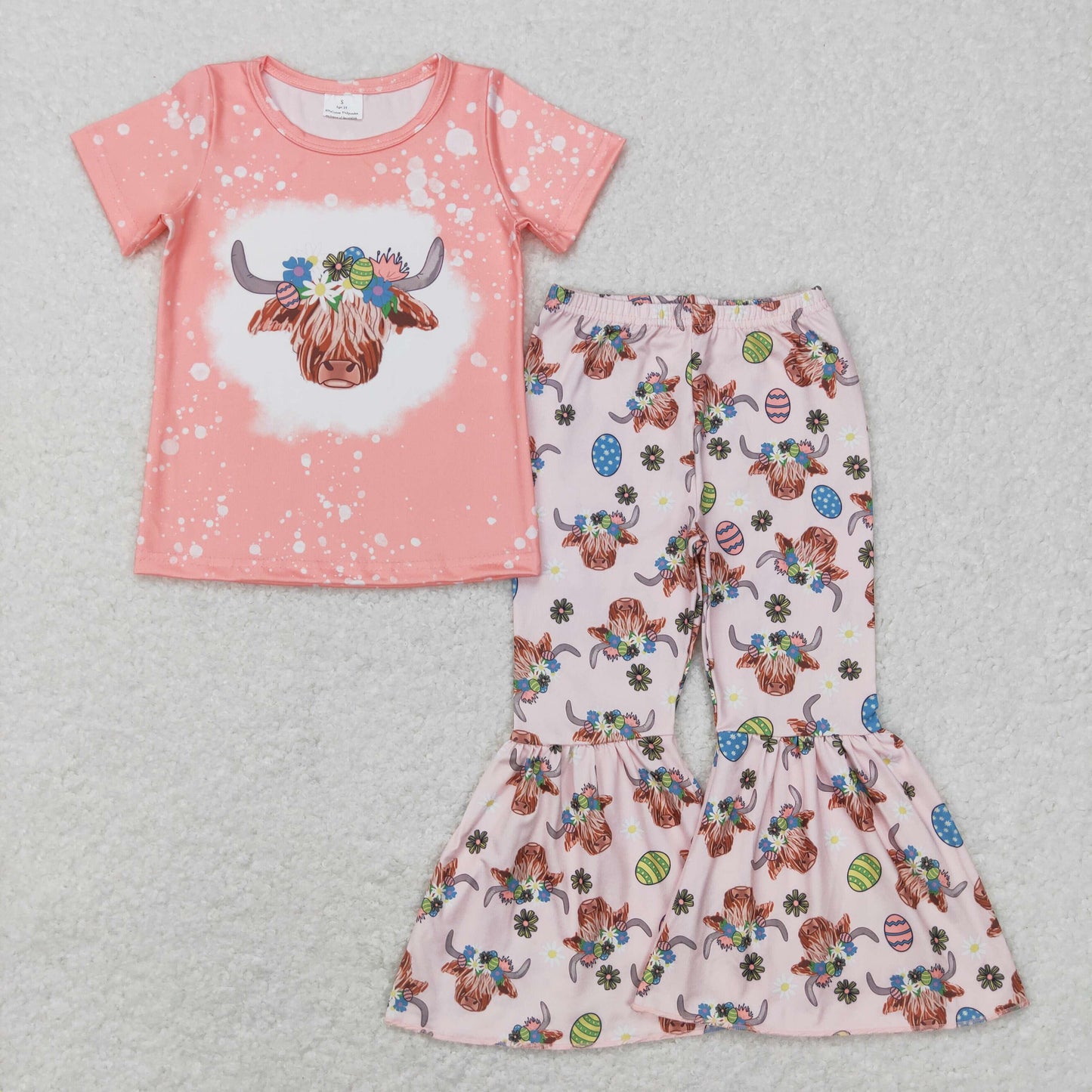 GSPO1055 Easter Baby Girl Short Sleeves Eggs Cow Bell Pants Outfit