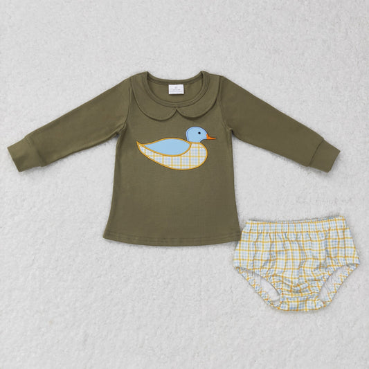 GBO0186 Baby Girl Long Sleeves Embroidery Duck Tops Plaid Bummie Outfit