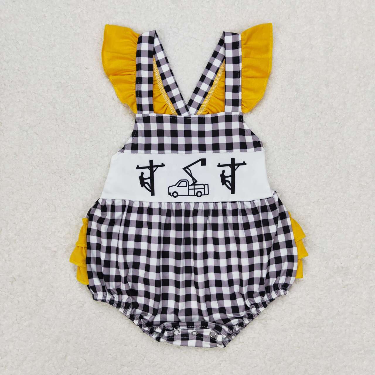 baby girl short sleeves lineman checkered ruffle bubble romper