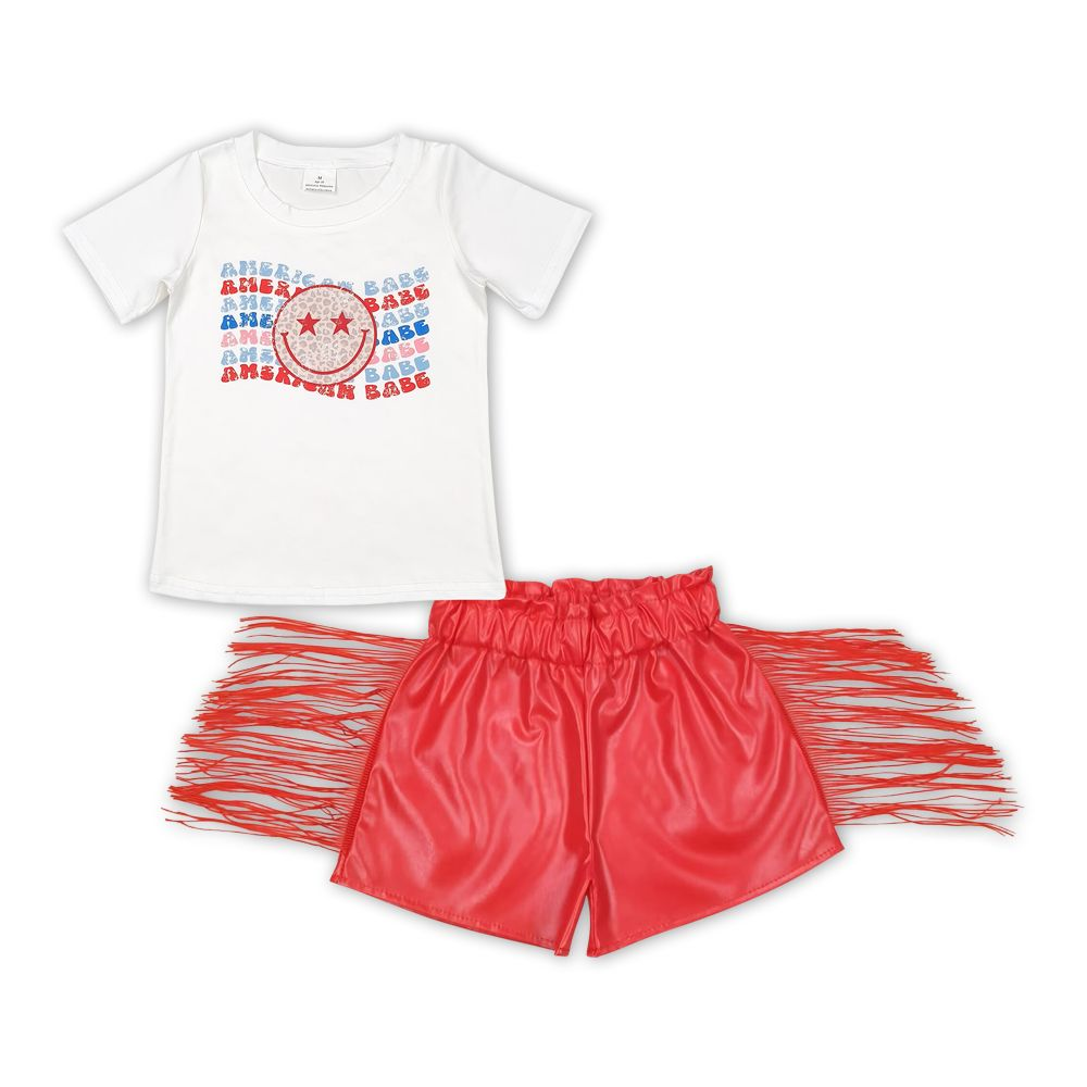 Baby Girl Short Sleeves Smile Shirt Red Leather Shorts July 4th Set