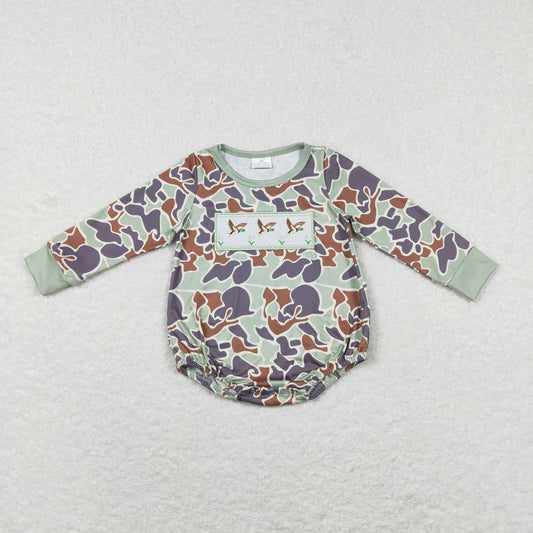 LR0286 Baby Boy Long Sleeves Embroidery Ducks Camo One Piece Romper