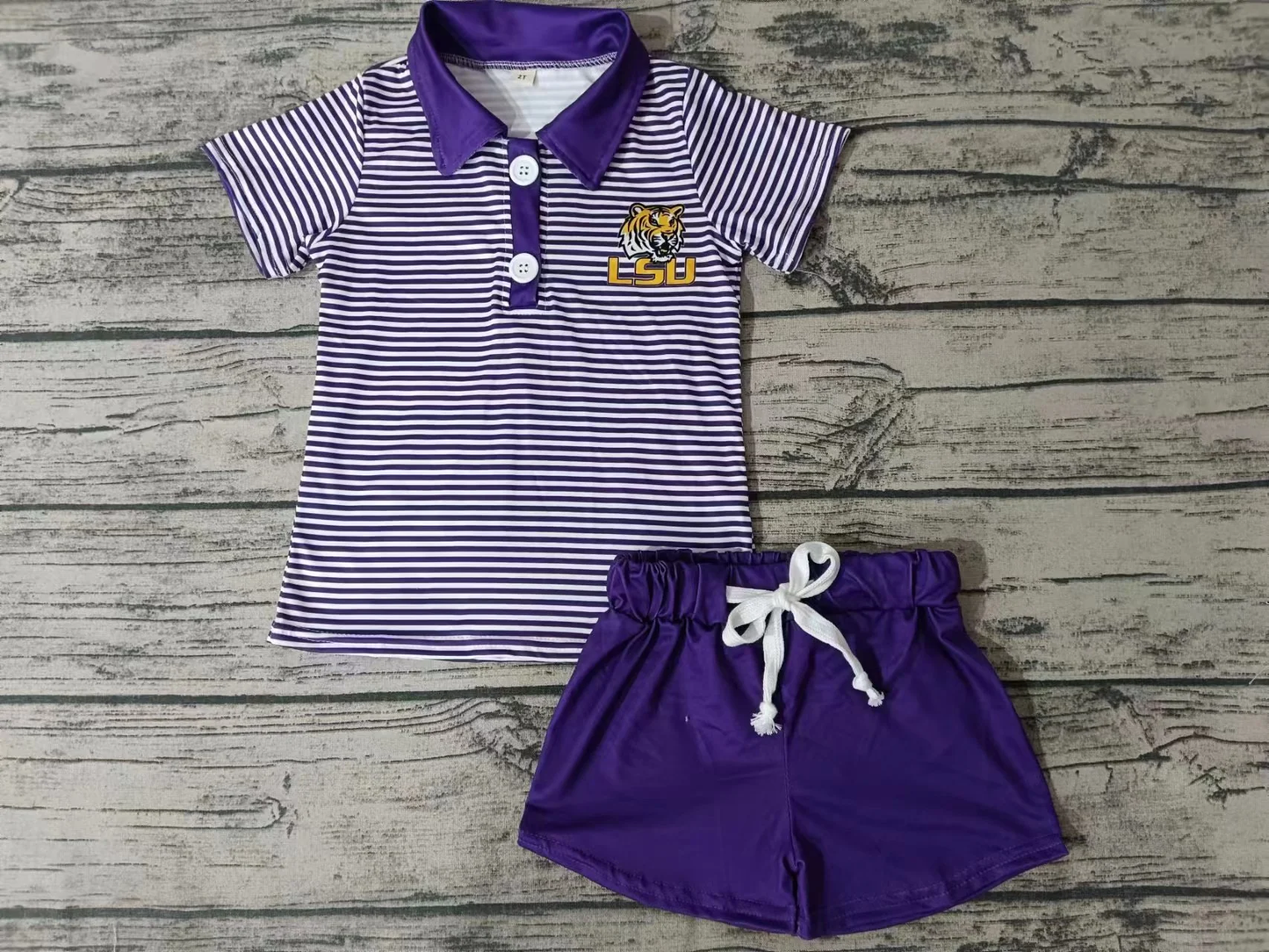 Moq 5 Baby Boy Short Sleeves Tiger Stripes Shirt Purple Shorts Set