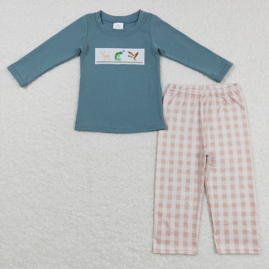 BLP0381 Baby Boy Long Sleeves Embroidery Fishing Duck Deer Plaid Pants Outfit Pajamas