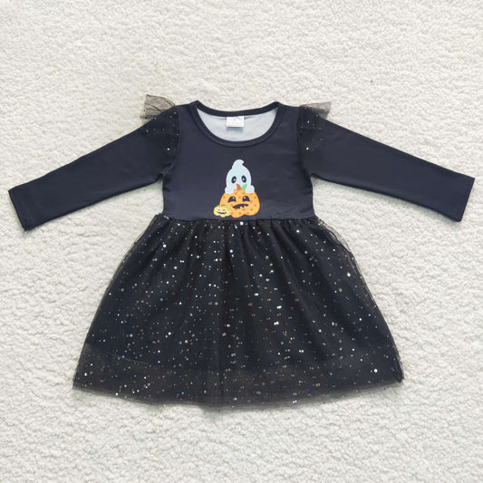 GLD0224 Baby Girl Long Sleeves Pumpkin Ghost Halloween Tulle Dress