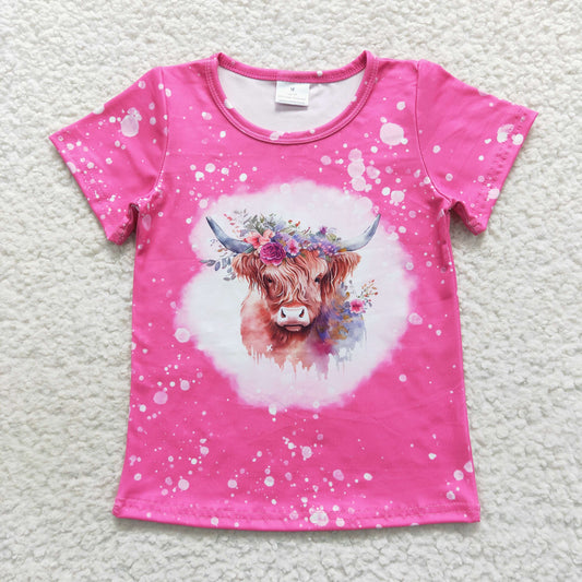 GT0212 Baby Girl Short Sleeves Cow Floral Pink Shirt Tops