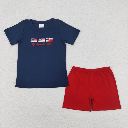 Baby Boy Short Sleeves Embroidery Flags Shirt Red Shorts July 4th Set