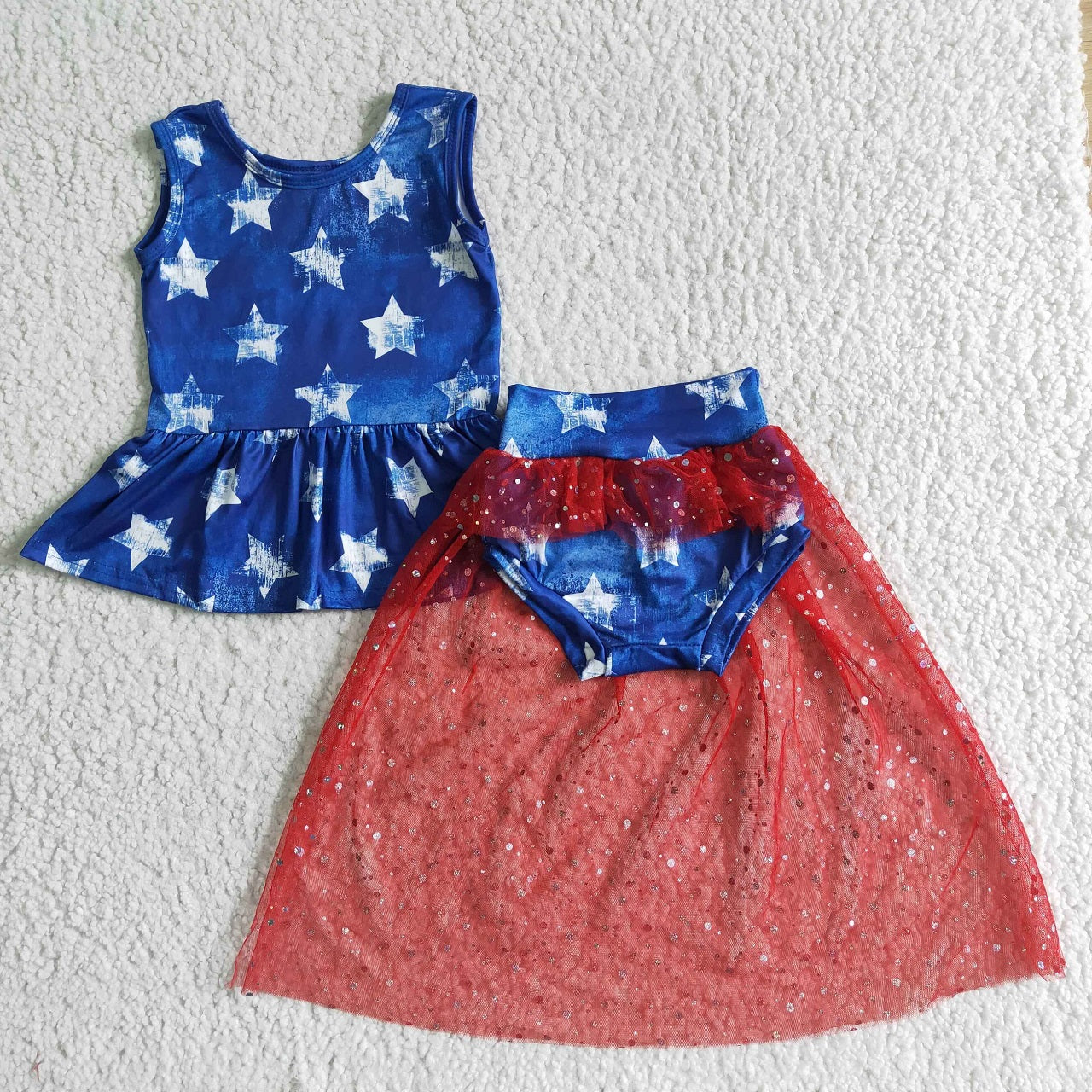 Promotion Baby Girl July 4th Blue Tulle Stars Bummies Outfit