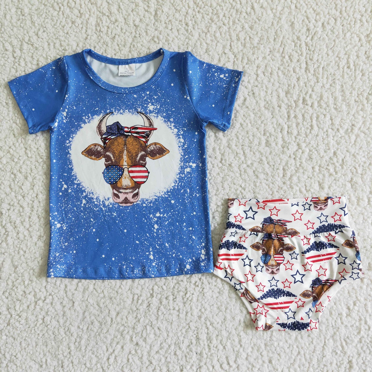 Promotion Baby Girl July 4th Cow Stars Bummies Blue Outfit