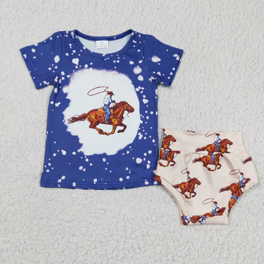 Promotion Baby Boy Infant Blue Short Sleeves Shirt Bummie Western Rodeo Outfit