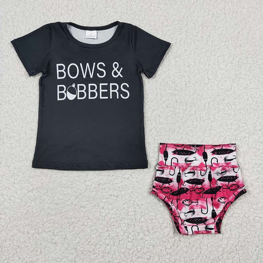 Promotion Baby Girl Summer Black Short Sleeves Shirt Fishing Bummie Shorts Outfit RTS