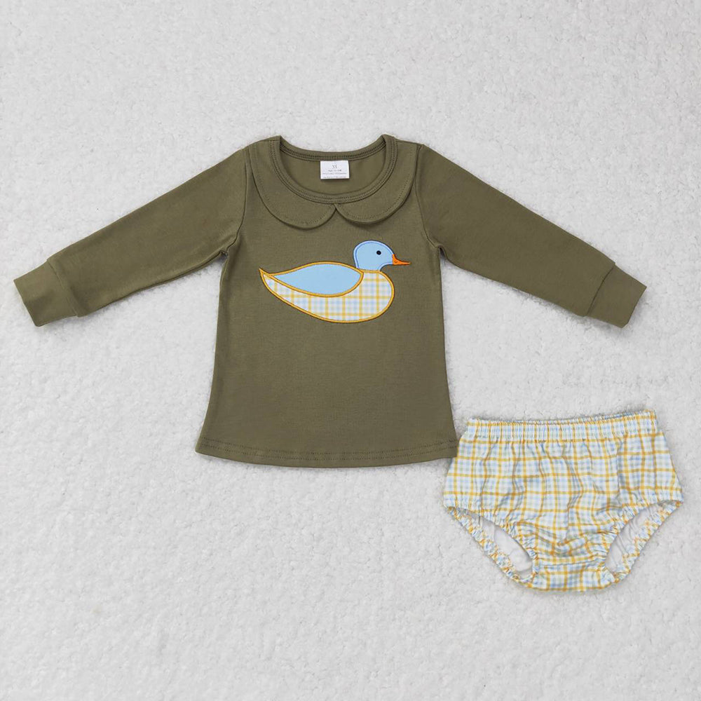 Sibling Baby Kids Long Sleeves Embroidery Ducks Shirts Plaid Bummie Pants Clothes Sets RTS