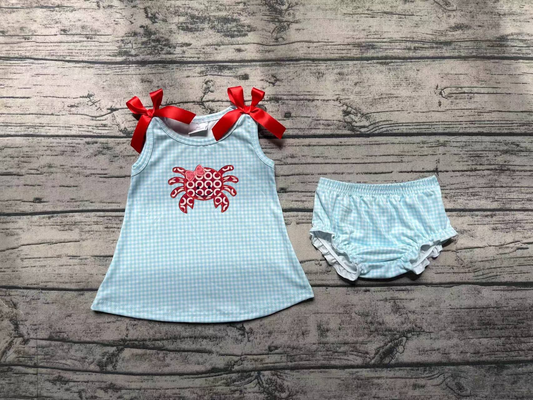 No moq Pre-order Baby Girl Sleeveless Crab Tops Plaid Bummies Shorts Summer Set