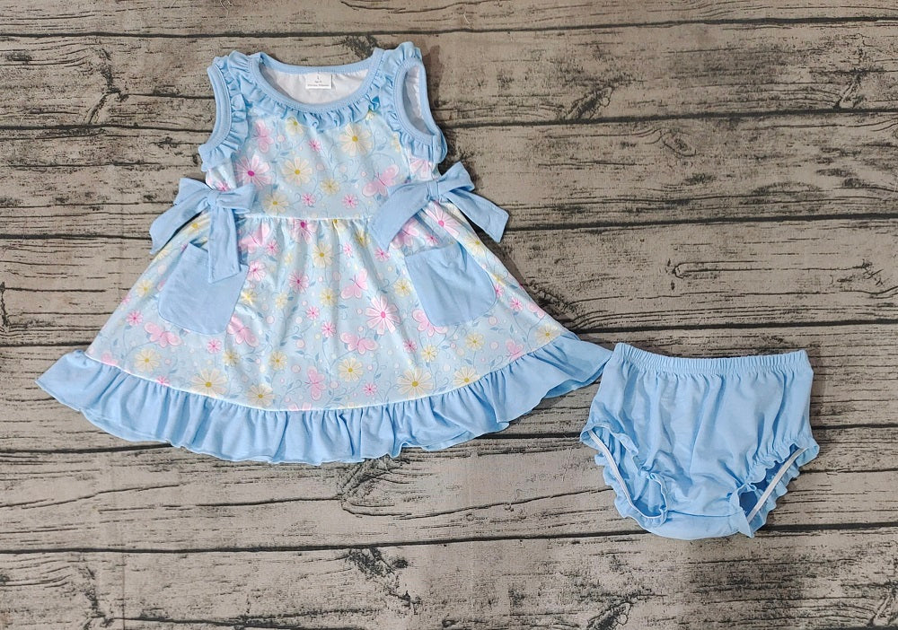 No moq Pre-order Baby Girl Sleeveless Floral Pocket Tunic Blue Bummies Shorts Summer Set