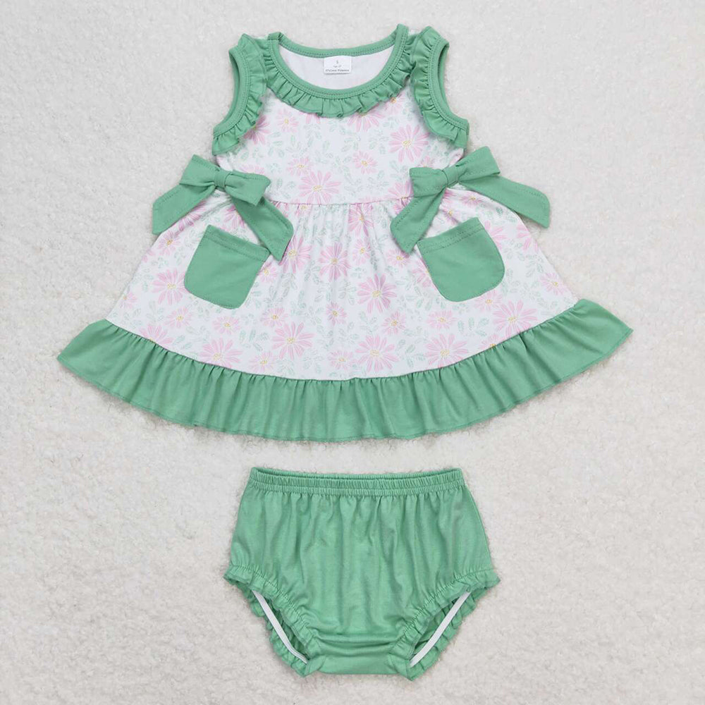 Baby Girl Sleeveless Flower Stripes Pockets Sibling Bummies Set Clothes RTS
