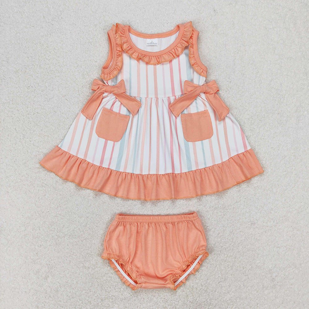 Baby Girl Sleeveless Flower Stripes Pockets Sibling Bummies Set Clothes RTS
