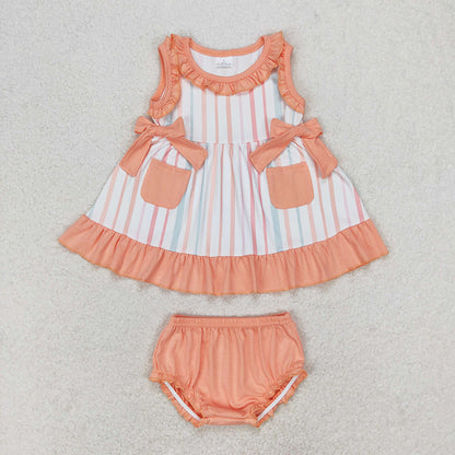 Baby Girl Sleeveless Flower Stripes Pockets Sibling Bummies Set Clothes RTS