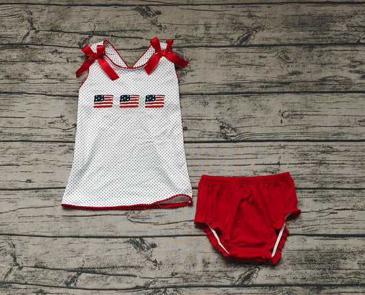 Pre-order Baby Girl Flags Tops Red Bummie Shorts July 4th Set