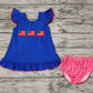 No moq Pre-order July 4th Baby Girl Flag Open Back Blue Tops Plaid Bummie Shorts Set