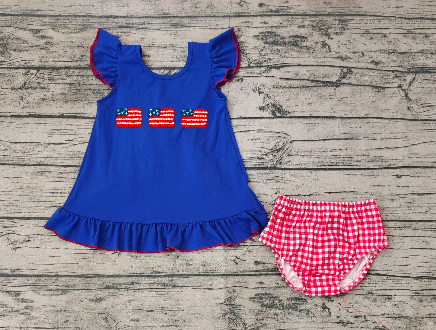 No moq Pre-order July 4th Baby Girl Flag Open Back Blue Tops Plaid Bummie Shorts Set