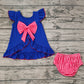 No moq Pre-order July 4th Baby Girl Flag Open Back Blue Tops Plaid Bummie Shorts Set