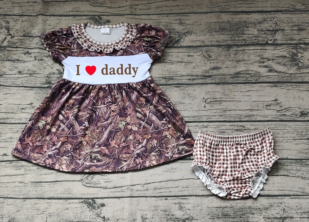 No moq Pre-order Baby Girl Short Sleeves I Love Daddy Camo Tops Plaid Bummies Shorts Summer Set