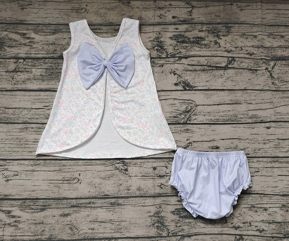 No moq Pre-order Baby Girl Floral Open Back Tops Blue Bummie Shorts Set