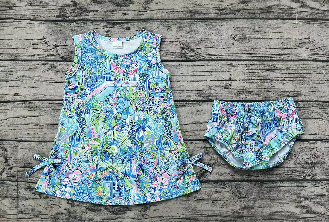 Pre-order Baby Girl Flower Blue Tops Bummie Shorts Summer Set
