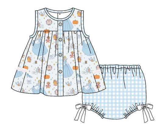 Moq 3 Pre-order Baby Girl Sleeveless Princess Tops Blue Plaid Bummie Shorts Summer Set