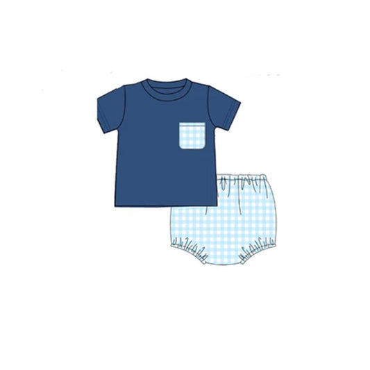 Moq 3 Pre-order Baby Boy Short Sleeves Shirts Plaid Bummie Shorts Summer Set