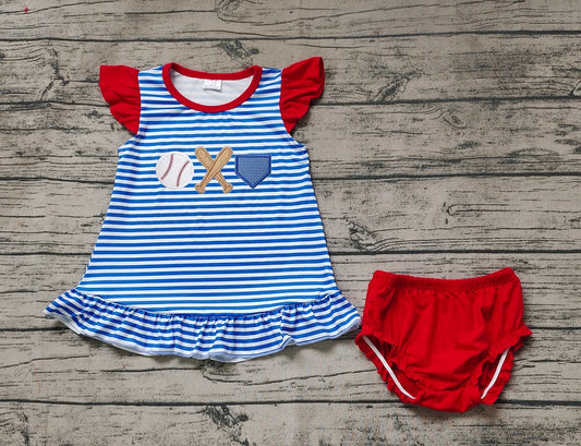 No moq Pre-order Baby Girl Baseball Blue Stripes Tunic Red Bummie Shorts Set